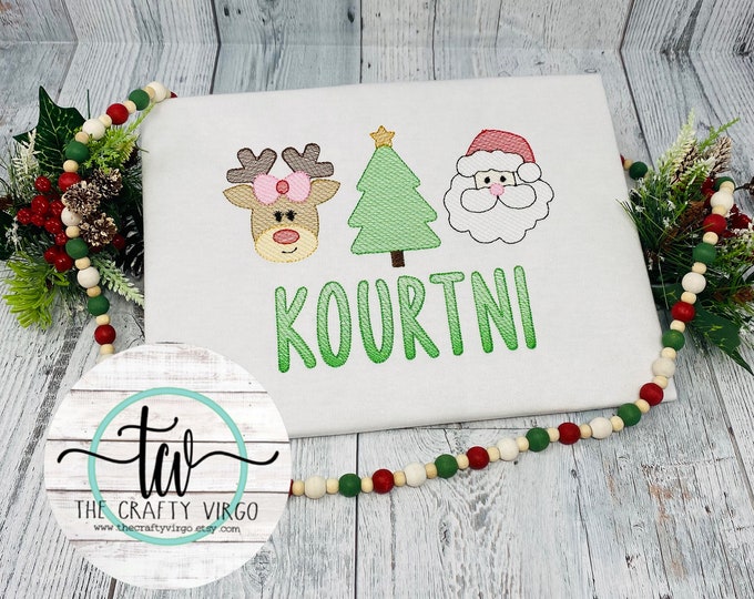Personalized embroidered christmas shirt with santa reindeer and christmas tree/Personalized Shirt/ personalized christmas shirt for kids