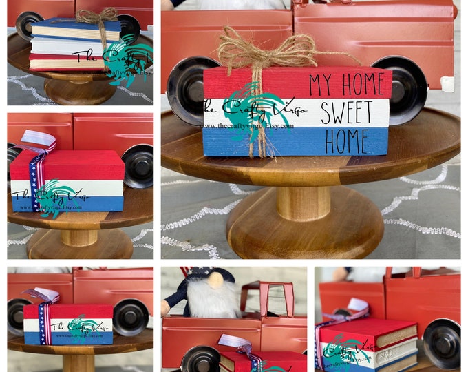 4th of July mini wooden book stack for tiered tray/ my home sweet home wooden book stack/ farmhouse decor/ tiered tray decor/ book stacks