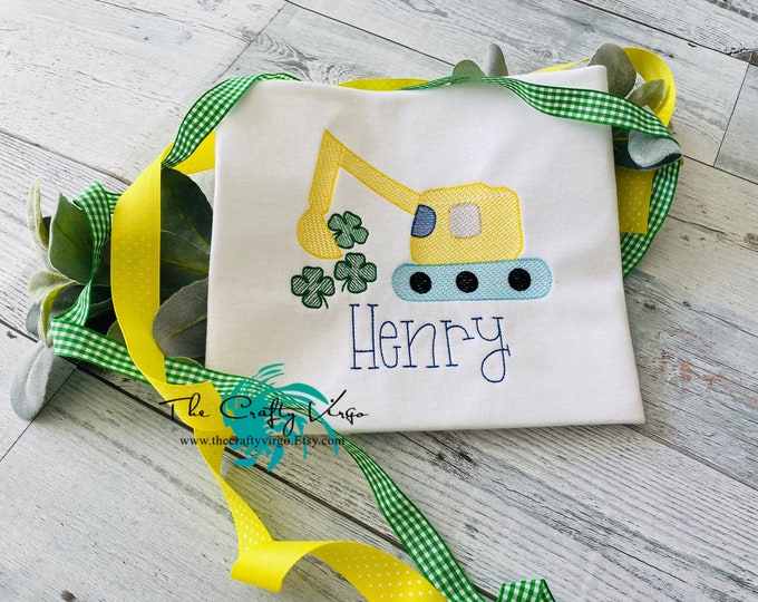 Boys Excavator saint patricks day Personalized Shirt/shamrock themed personalized shirt/saint patricks day themed shirt for boys/