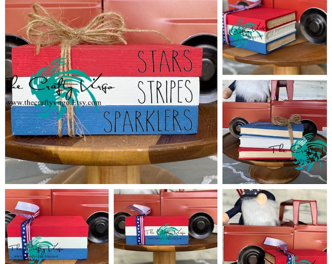 4th of July mini wooden book stack for tiered tray/stars stripes sparklers wooden book stack/ farmhouse decor/tiered tray decor/ book stacks
