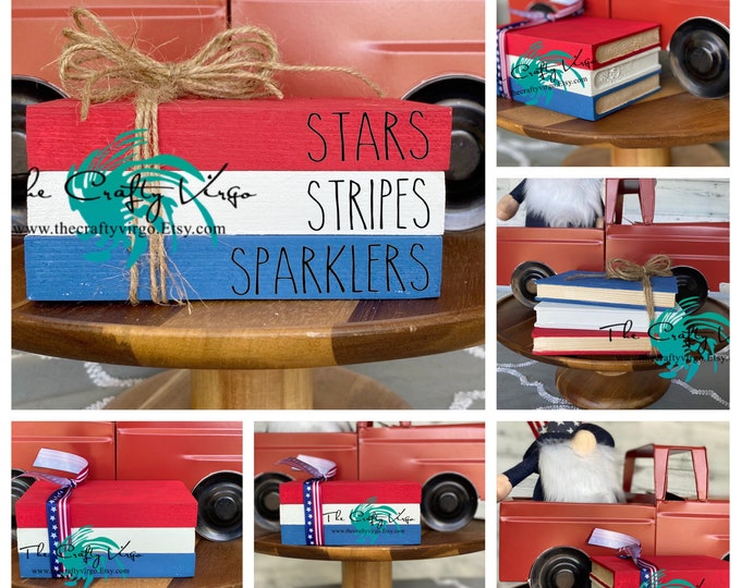 4th of July mini wooden book stack for tiered tray/stars stripes sparklers wooden book stack/ farmhouse decor/tiered tray decor/ book stacks