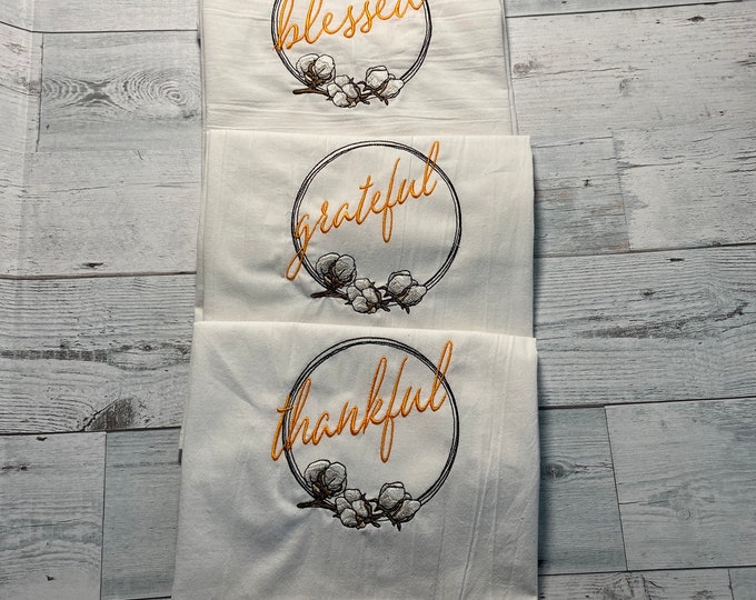 Farmhouse themed embroidered kitchen towel set/ embroidered kitchen towel/ farmhouse themed kitchen towel/blessed/ thankful/ grateful