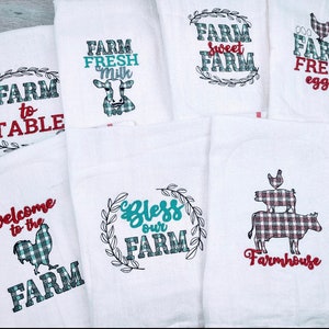 Farmhouse themed embroidered kitchen towel set/ embroidered kitchen towel/ farmhouse themed kitchen towel/cow/ chicken/pig/ farm fresh towel