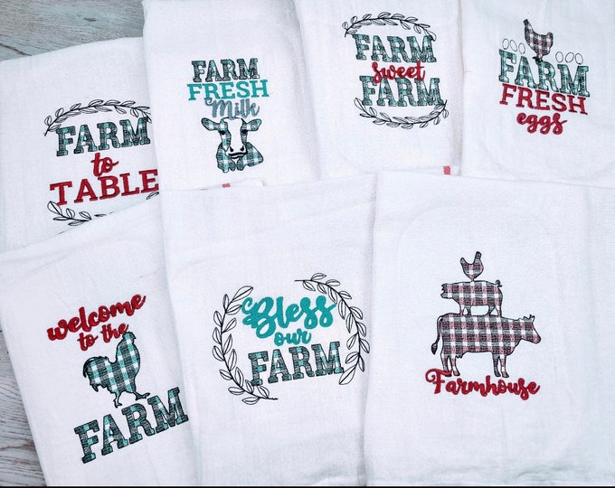 Farmhouse themed embroidered kitchen towel set/ embroidered kitchen towel/ farmhouse themed kitchen towel/cow/ chicken/pig/ farm fresh towel