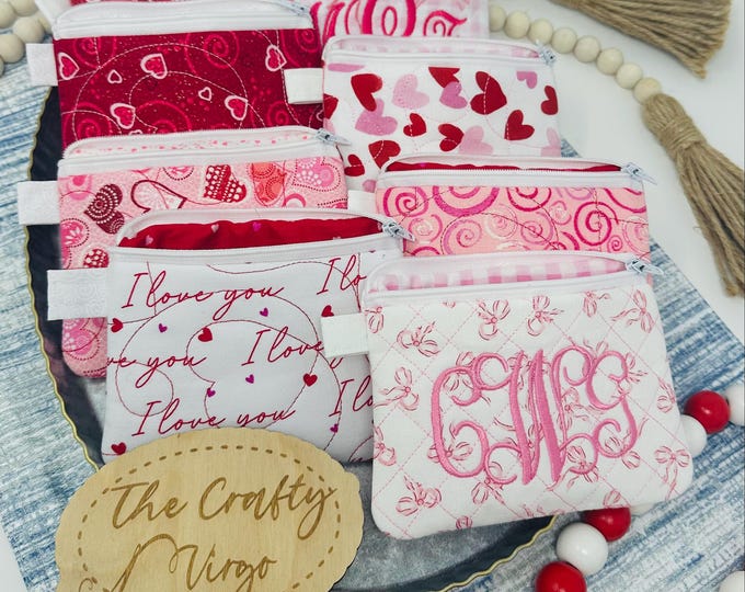 Valentines day themed Personalized Embroidered cotton fabric quilted Mini wristlet/key chain wallet/ mini wallet for cards and cosmetics
