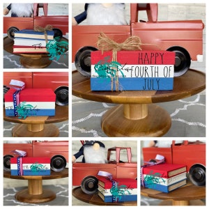 4th of July mini wooden book stack for tiered tray/ happy Fourth of July  wooden book stack/ farmhouse decor/ tiered tray decor/ book stacks