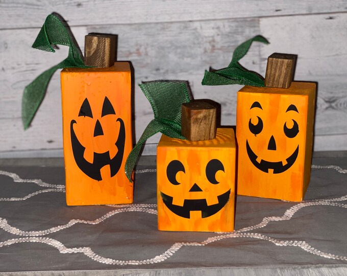 Fall farmhouse decor/rustic pumpkins/ fall table decor/ Buffalo check ribbon/ wooden pumpkins