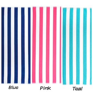May include: Three beach towels with vertical stripes in blue, pink, and teal. Each towel has white stripes alternating with the colored stripes. The word "Blue", "Pink", and "Teal" are printed below each towel.