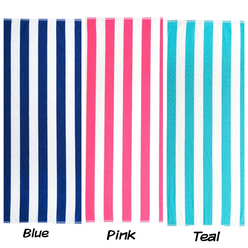 May include: Three beach towels with vertical stripes in blue, pink, and teal. Each towel has white stripes alternating with the colored stripes. The word "Blue", "Pink", and "Teal" are printed below each towel.