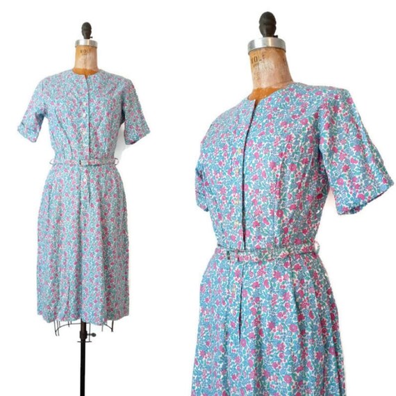 Vintage 1980s White, Blue, and Pink Floral Day Dre