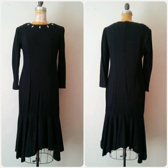 Black 1980s Drop Waist Knit Sweater Dress // Vampy