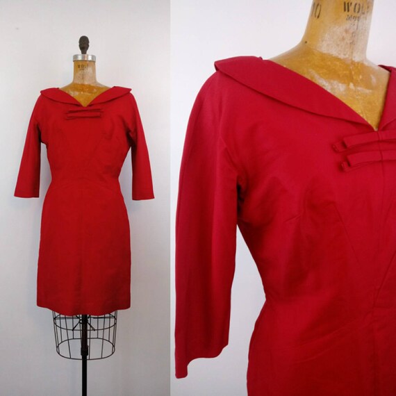 1950s Red Wiggle Dress Medium // Red V Neck Double