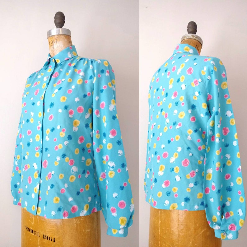 Vintage 1980s Career Blouse Turquoise Pink and Yellow Dotted Balloon Sleeve Blouse Vintage 1980s Turquoise Abstract Balloon Sleeve Blouse