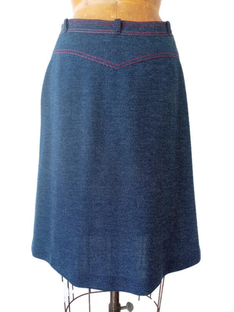 Vintage 1970s Blue and Red Thread Yoked Skirt 1970s Medium Straight Skirt 1970s Skirt for Boots Blue Denim Look Skirt 30W 41H