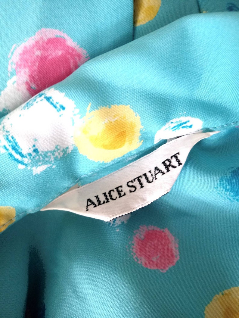 Vintage 1980s Career Blouse Turquoise Pink and Yellow Dotted Balloon Sleeve Blouse Vintage 1980s Turquoise Abstract Balloon Sleeve Blouse