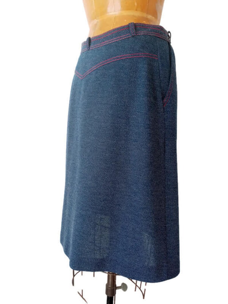 Vintage 1970s Blue and Red Thread Yoked Skirt 1970s Medium Straight Skirt 1970s Skirt for Boots Blue Denim Look Skirt 30W 41H