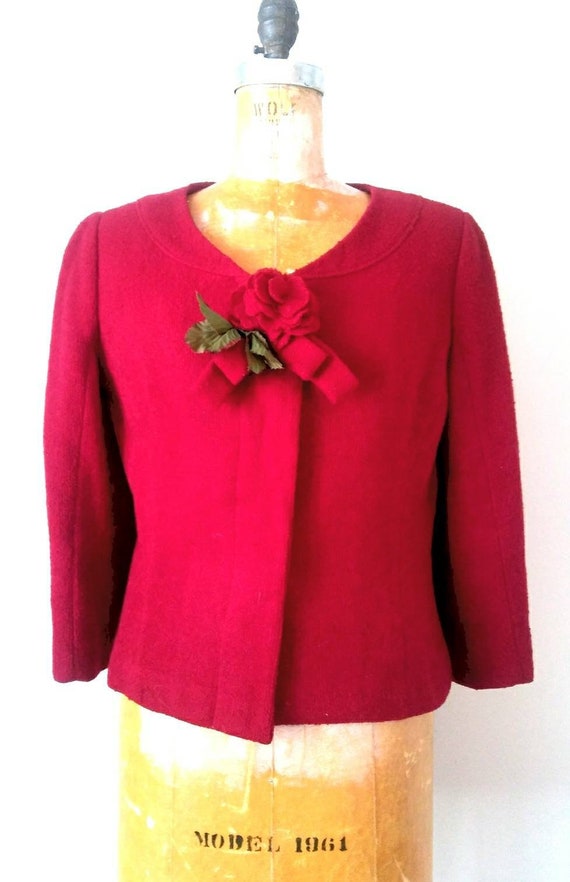 Vintage 1940s Red Rosette Jacket // Wool Crepe Ros