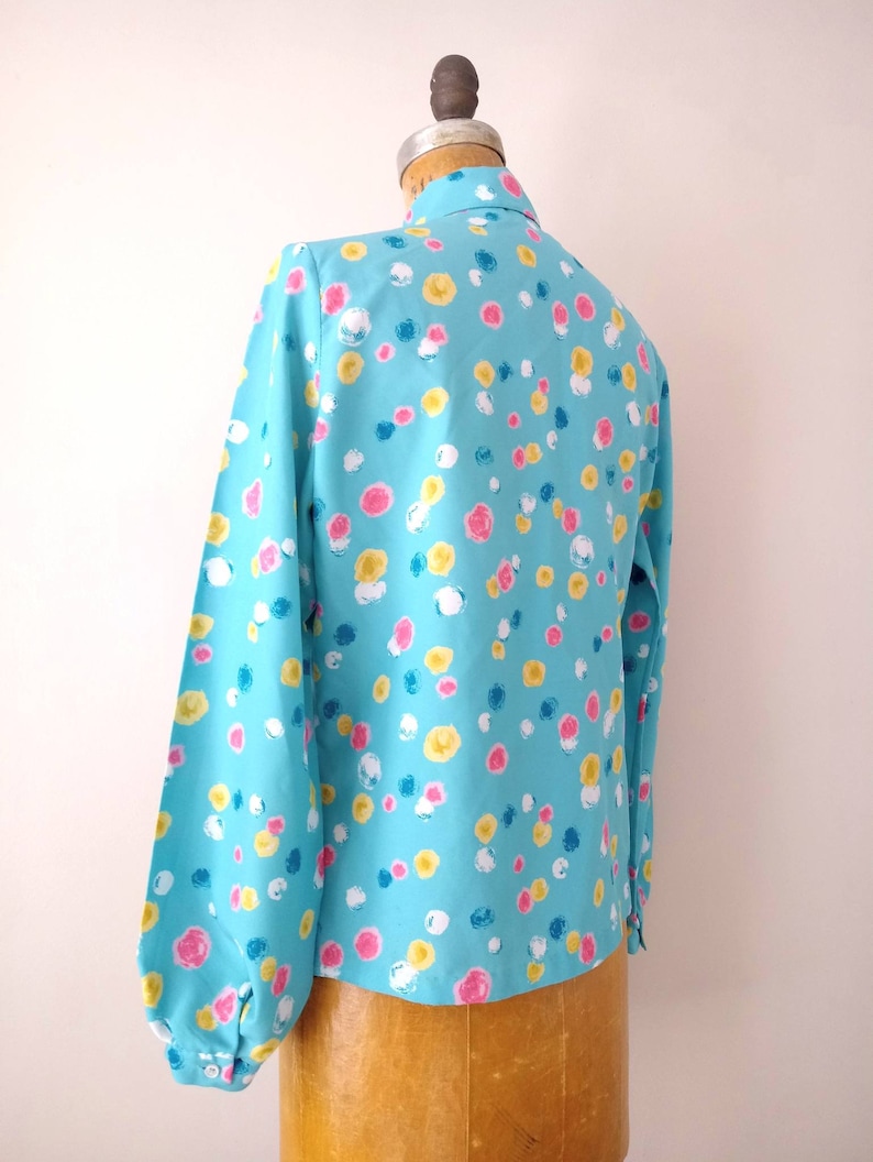 Vintage 1980s Career Blouse Turquoise Pink and Yellow Dotted Balloon Sleeve Blouse Vintage 1980s Turquoise Abstract Balloon Sleeve Blouse