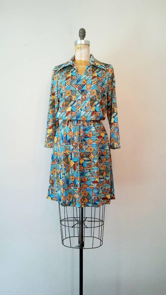1970s Blue Geometric Printed Skirt Set // Vintage 
