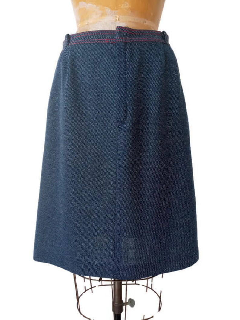 Vintage 1970s Blue and Red Thread Yoked Skirt 1970s Medium Straight Skirt 1970s Skirt for Boots Blue Denim Look Skirt 30W 41H