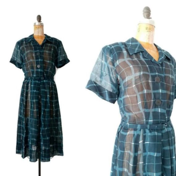 1950s Navy Blue and White Plaid Sheer Day Dress //