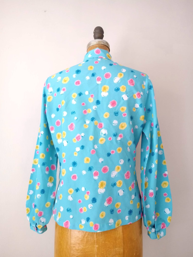 Vintage 1980s Career Blouse Turquoise Pink and Yellow Dotted Balloon Sleeve Blouse Vintage 1980s Turquoise Abstract Balloon Sleeve Blouse