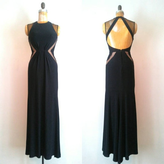 Vintage 1990s Black Mesh Keyhole Back Gown // Open