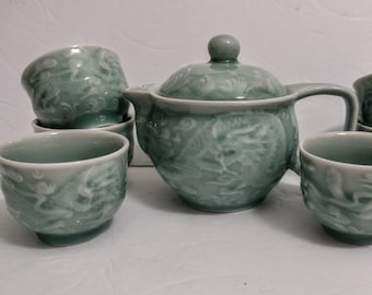 Celadon Embossed Dragons Teapot With Sifter And Six Cups SET