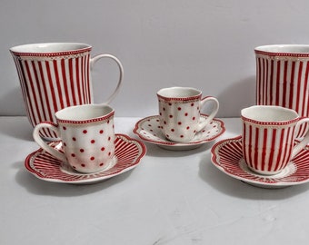 ONE Cup Saucer Mug Red White Stripes Polka Dot Christmas Demitasse Cup Saucer Set OR VALENTINE'S Day Coffee Mug