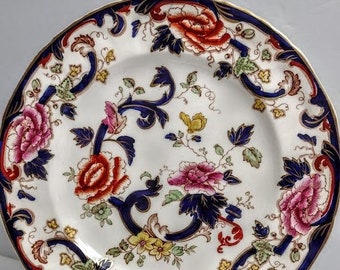 Assiette plate MASON'S bleu MANDALAY Angleterre or bleu rose fleurs orange 10 3/8"