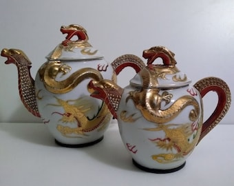 Azucarero vintage pintado a mano de Kutani, Japón, con diseño de rayos de sol, estilo chino oriental, dorado y con diseño de dragón Moriage.