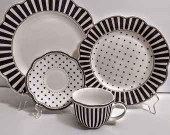 ONE Plate GOTHIC Halloween Black White Stripes Polka Dots Dinner Plate 11.5" Or Salad Plate 9.25" Or Cup & Saucer