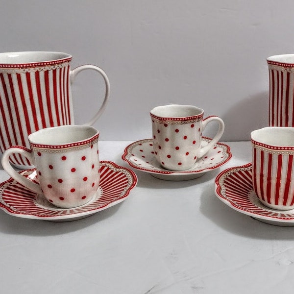 ONE Cup Saucer Mug Red White Stripes Polka Dot Christmas Demitasse Cup Saucer Set OR VALENTINE'S Day Coffee Mug