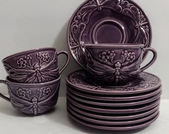 One Cup Saucer WORLD MARKET Dusty Purple Embossed DRAGONFLY