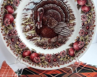 Può includere: Un piatto in ceramica bianca con un'illustrazione di tacchino al centro, circondato da un bordo di mele rosse, fiori rosa e foglie verdi. Il piatto è appoggiato su una tovaglia a quadri con toni arancioni e verdi.