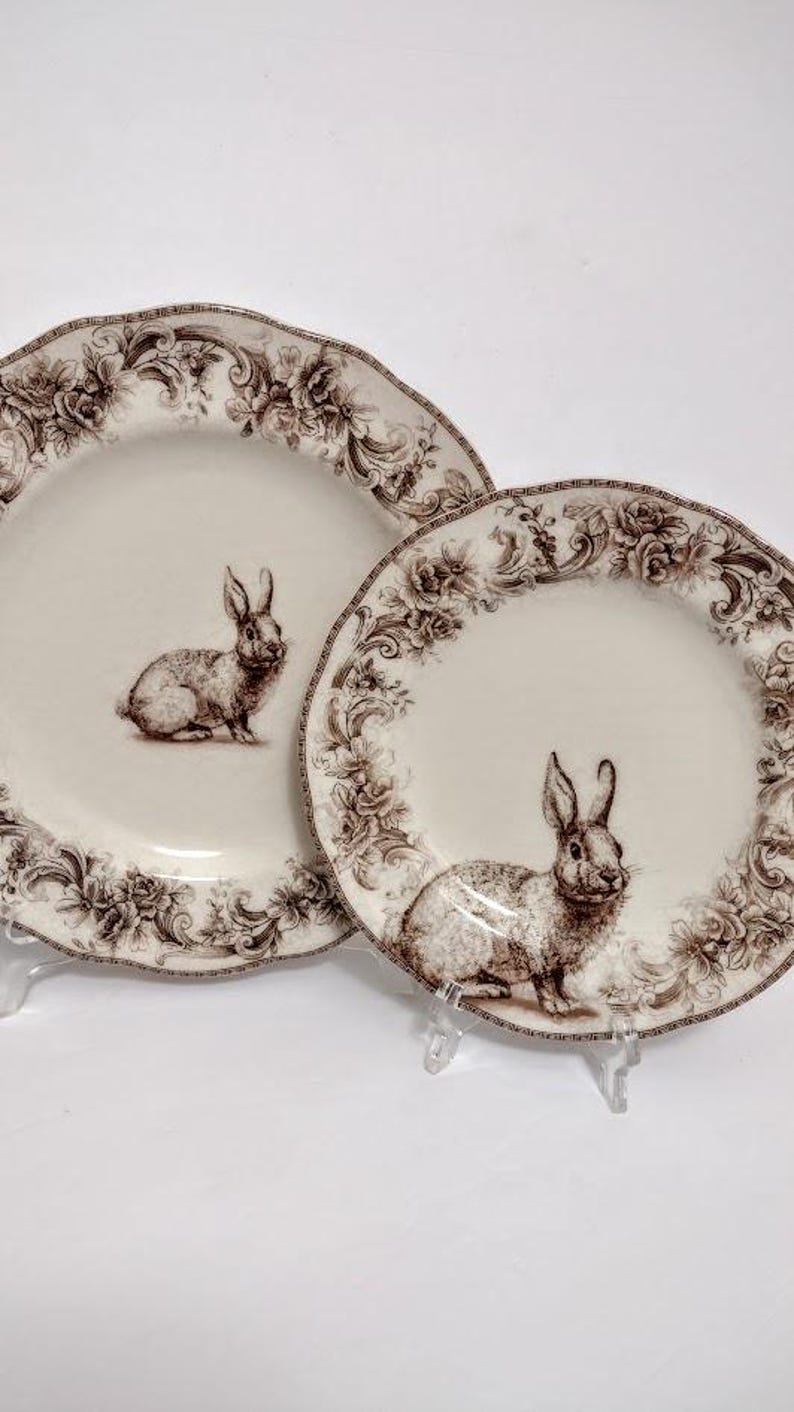 Napkin+one Plate Rabbit Bunny Easter Sepia Brown Transfer Dinner Plate ...