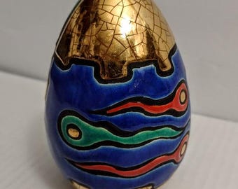 Rare Antique EMAUX DE LONGWY M.Sertelet Beira 19th Enamel Ceramic Decorative Sperm Semen Fertility Egg Figurine Sculpture 4.75"