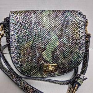 Brahmin Iridescent Python Snake Print  Leather Brass Hardware With Long Strap Crossbody Purse Handbag