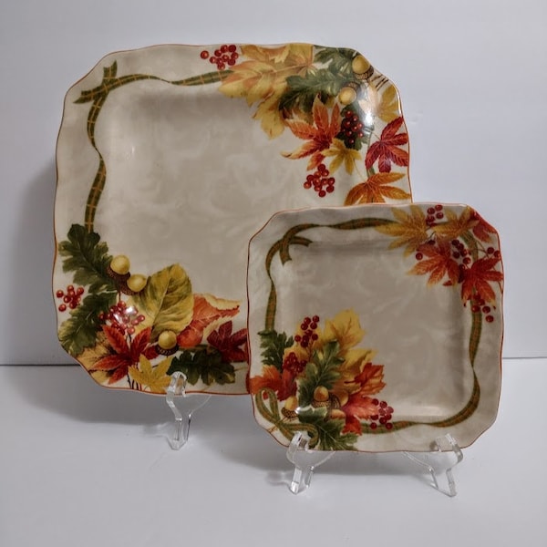 ONE Plate 222 FIFTH ACORNS Autumn Leaves Thanksgiving Square Dinner Plate  10 7/8 " Or Salad Plate 8 5/8" Or Side Bread Butter Plate 6.25"