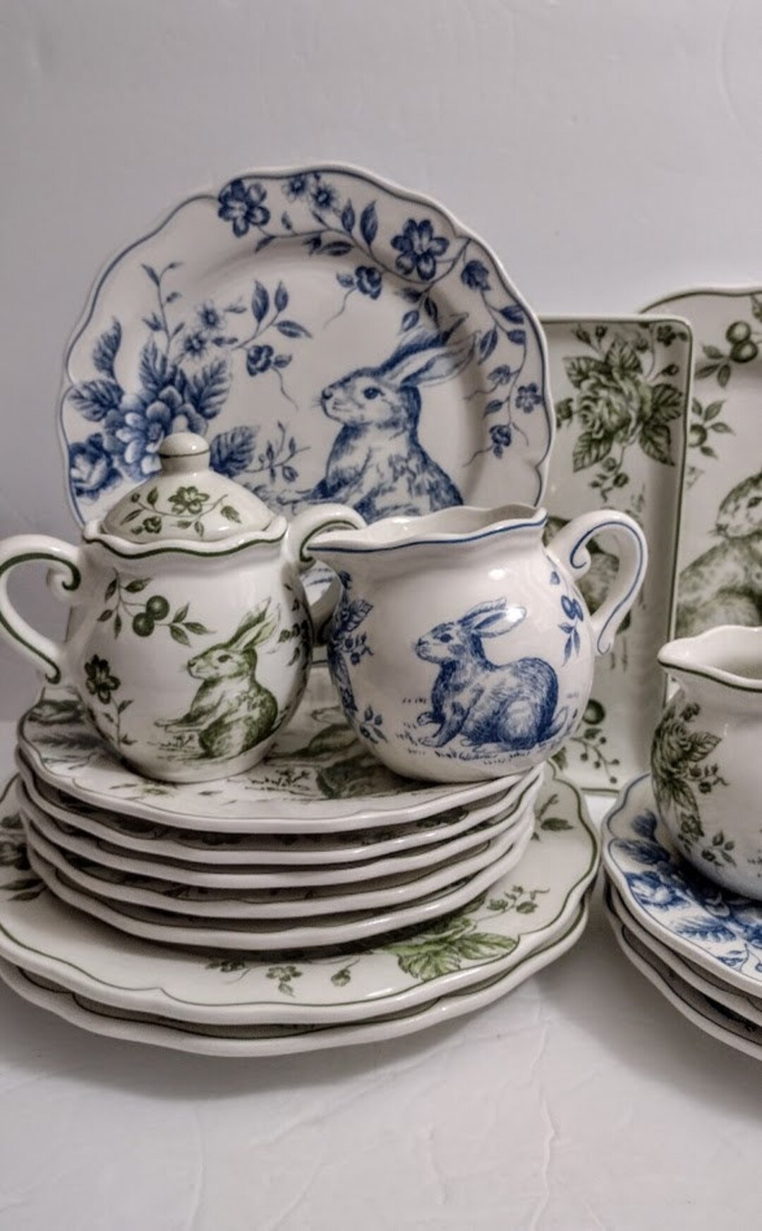 ONE Plate BUNNY Rabbit EASTER Green or Blue Toile Transfer Dinner Plate ...