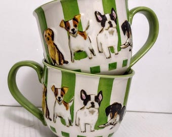 One Mug + Napkin FIND YOUR DOG Green White Stripes Dogs Breeds Pug Terrier Dachshund Mug
