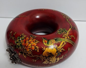 Oriental Asian PARADISE Bird Lacquer Donut Shape Wooden Chinese Jewelry Box 7 "