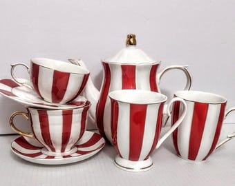 ONE Plate+Napkin Red White Stripes Christmas Valentine's Day Teapot Mug Or Cup Saucer Set
