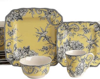 ONE Plate 222 FIFTH Adelaide Bird Peonies YELLOW Transfer Flowers Dinner 10.75  " Salad Plate 8.75"  Cereal Soup Bowl Or Mug