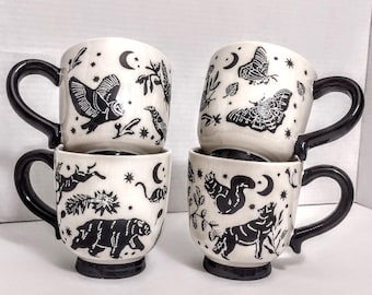 ONE Mug Black Animal Silhouettes Totem Tattoo Moth Butterfly Slug Bear Rabbit Hare Rat Owl Crow Squirrel Wolf Mug