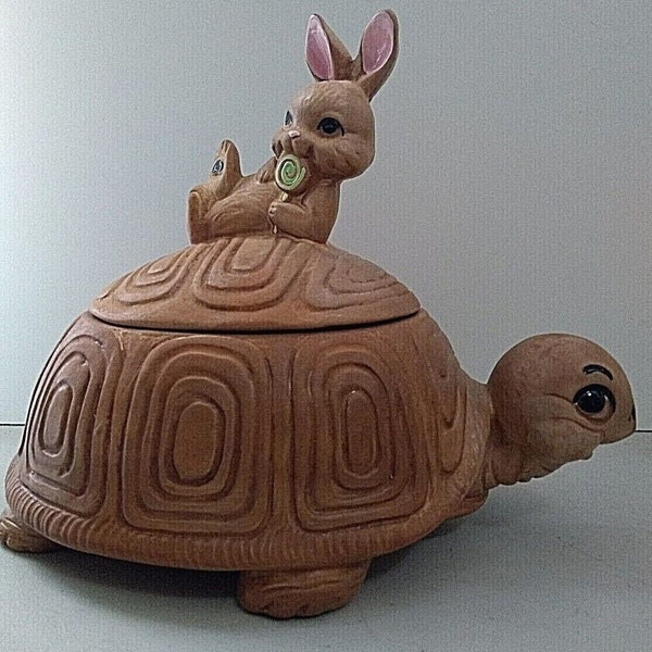 1963 Vintage Twin Winton USA Ceramic Bunny Licking  Lollipop Riding Turtle Cookie Candy Dish Jar With A LidBy BlessedJunk