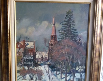 Vintage Stoddart Signed  Authentic Oil Painting Winter Church 1964 Picture