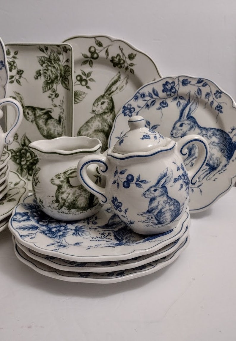 ONE Plate BUNNY Rabbit EASTER Green or Blue Toile Transfer Dinner Plate ...