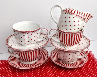 ONE Cup Saucer Set+Napkin Mug Grace Teaware Red White Stripes Polka Dot Christmas VALENTINE'S Day Cup Saucer Set