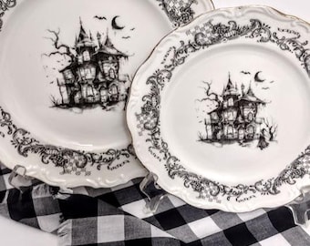 ONE PLATE Haunted House Halloween Gothic  Dinner Plate 10 1/8 " Or Salad Plate 8.5"